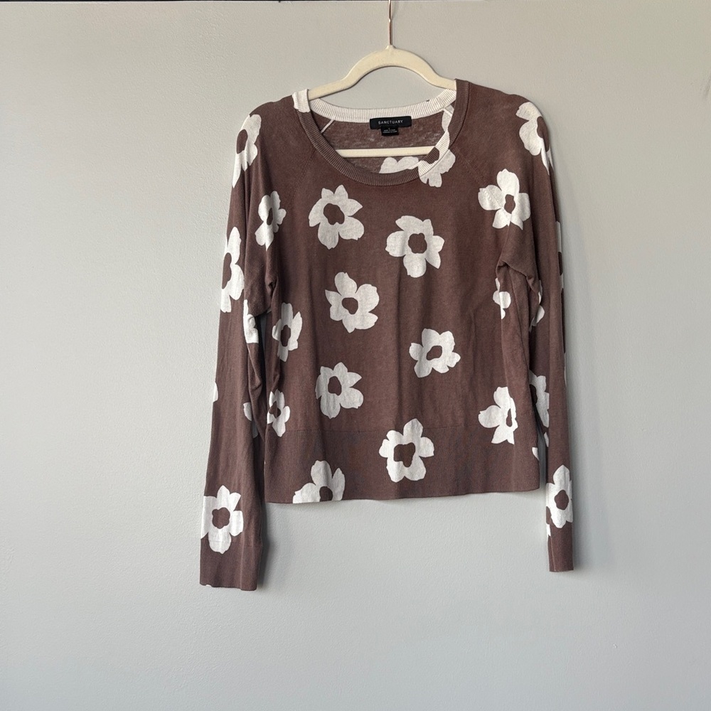 Sanctuary Brown and White Floral long sleeve cotton blend top round neckline